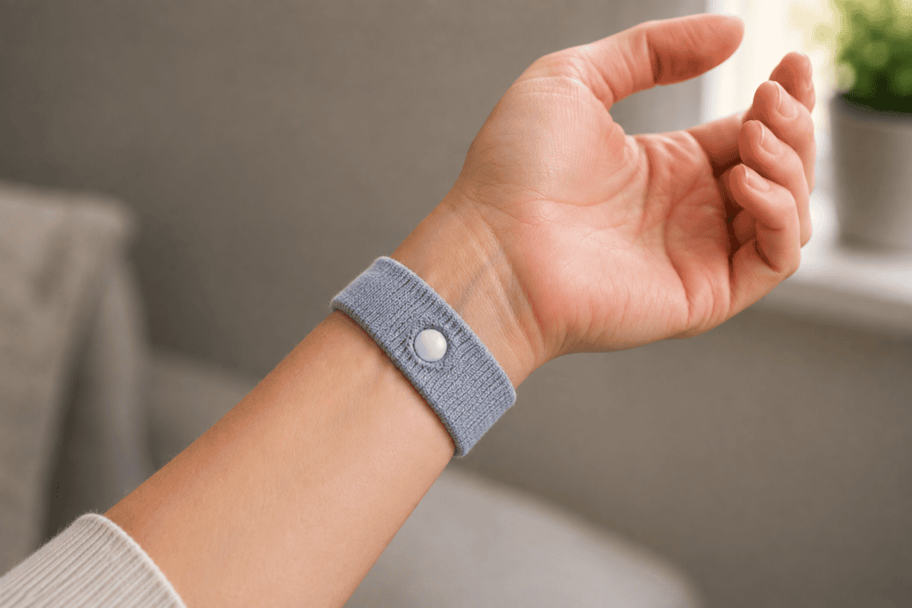 Person putting a Sea-Band style pressure wristband onto their wrist to target the PC6 acupressure point for nausea relief.