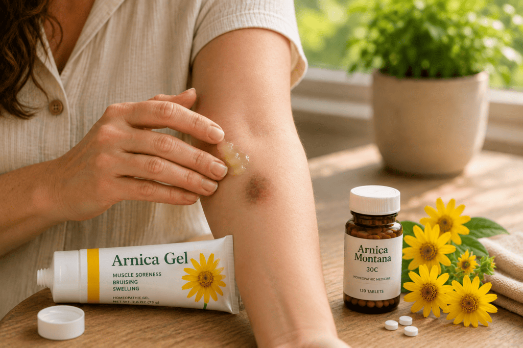 Person applying arnica gel to a faint bruise on their forearm in soft natural light.