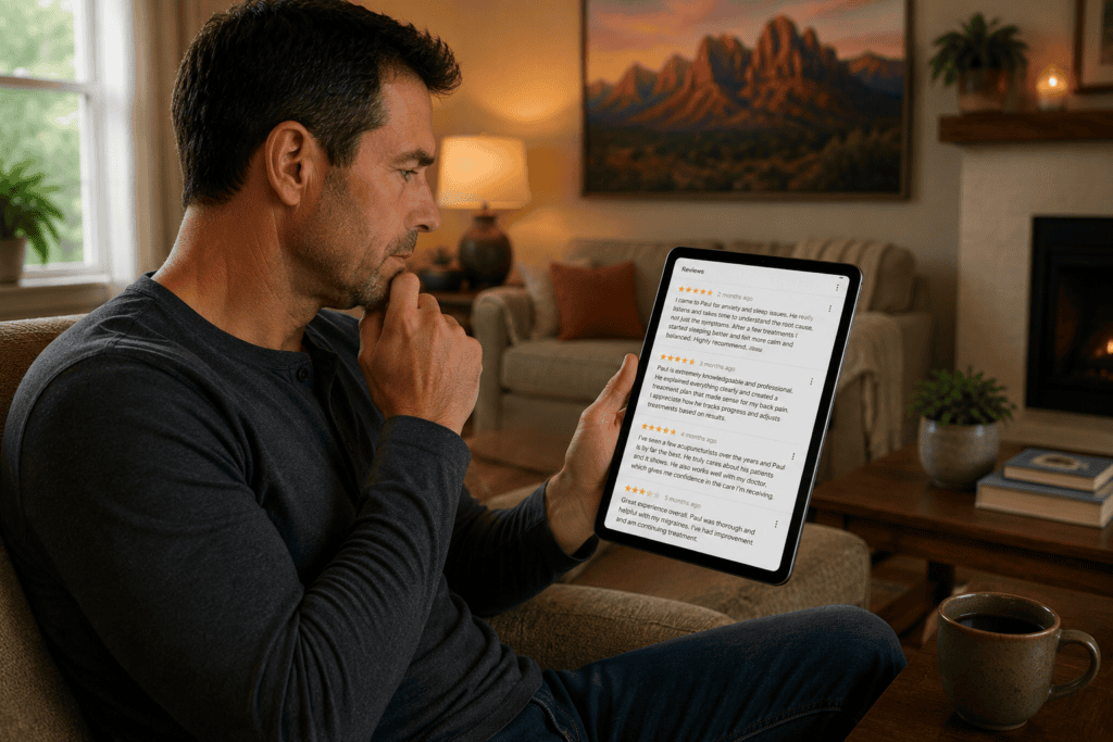 Person reading detailed written reviews of an acupuncture clinic on a tablet rather than relying on star ratings alone.