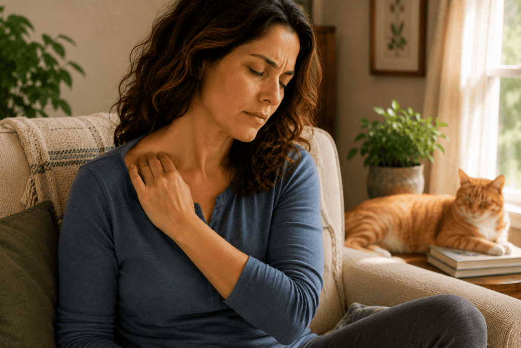 Person pausing and rubbing a slightly sore spot on their hand after acupressure.