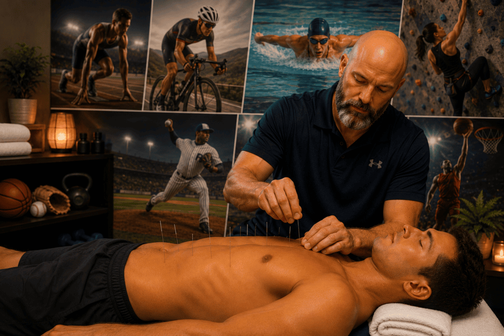 Licensed acupuncturist providing a recovery-focused acupuncture treatment to an athlete, illustrating the pain relief, recovery, and performance benefits relied on by elite competitors.