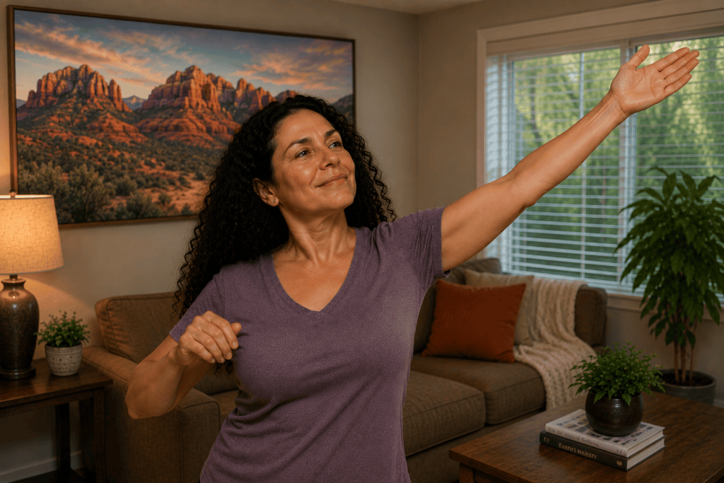 Woman smiling as she comfortably raises her left arm, showing improved range of motion after frozen shoulder.