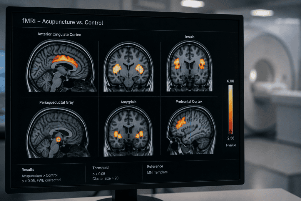 Brain imaging scans representing the measurable brain activity acupuncture produces.