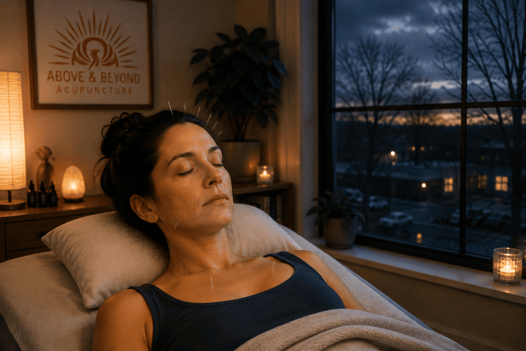 Person relaxed during an acupuncture treatment in a warm room on a winter day, eyes closed.