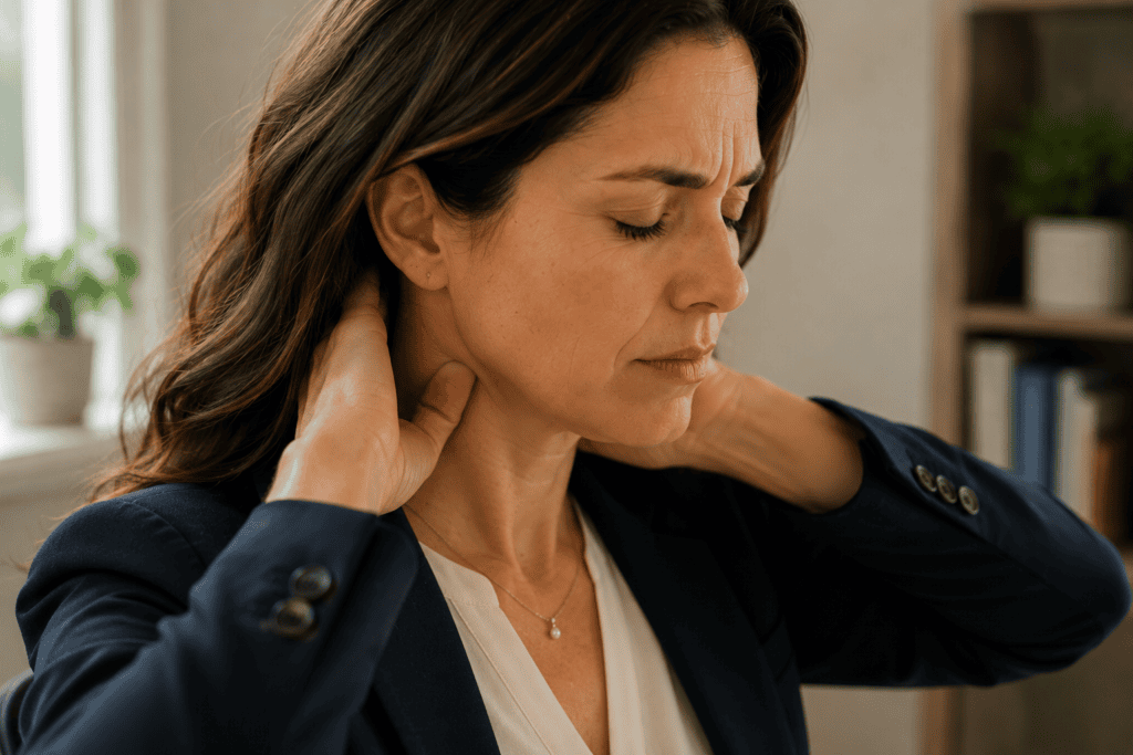 Person pressing the base of their skull with their thumbs, eyes closed, to ease a tension headache.