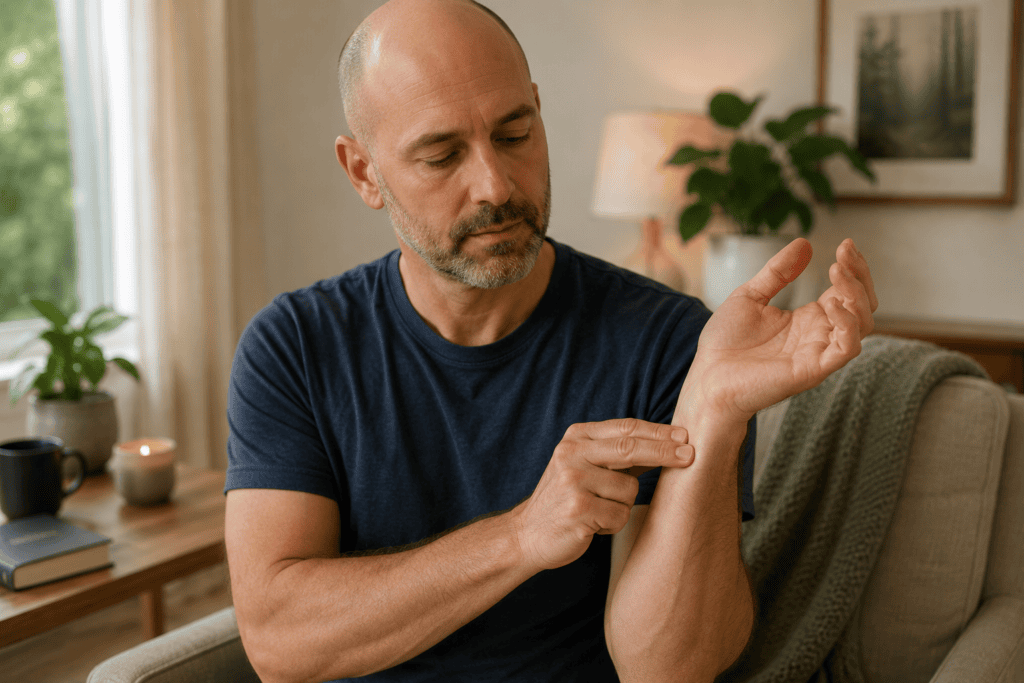 Person calmly pressing a point on their wrist at home to ease an everyday complaint.