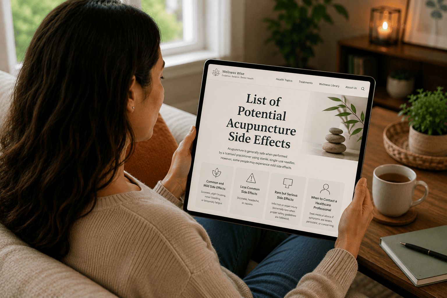 Woman sitting on her couch reading about acupuncture side effects on her tablet before scheduling treatment.
