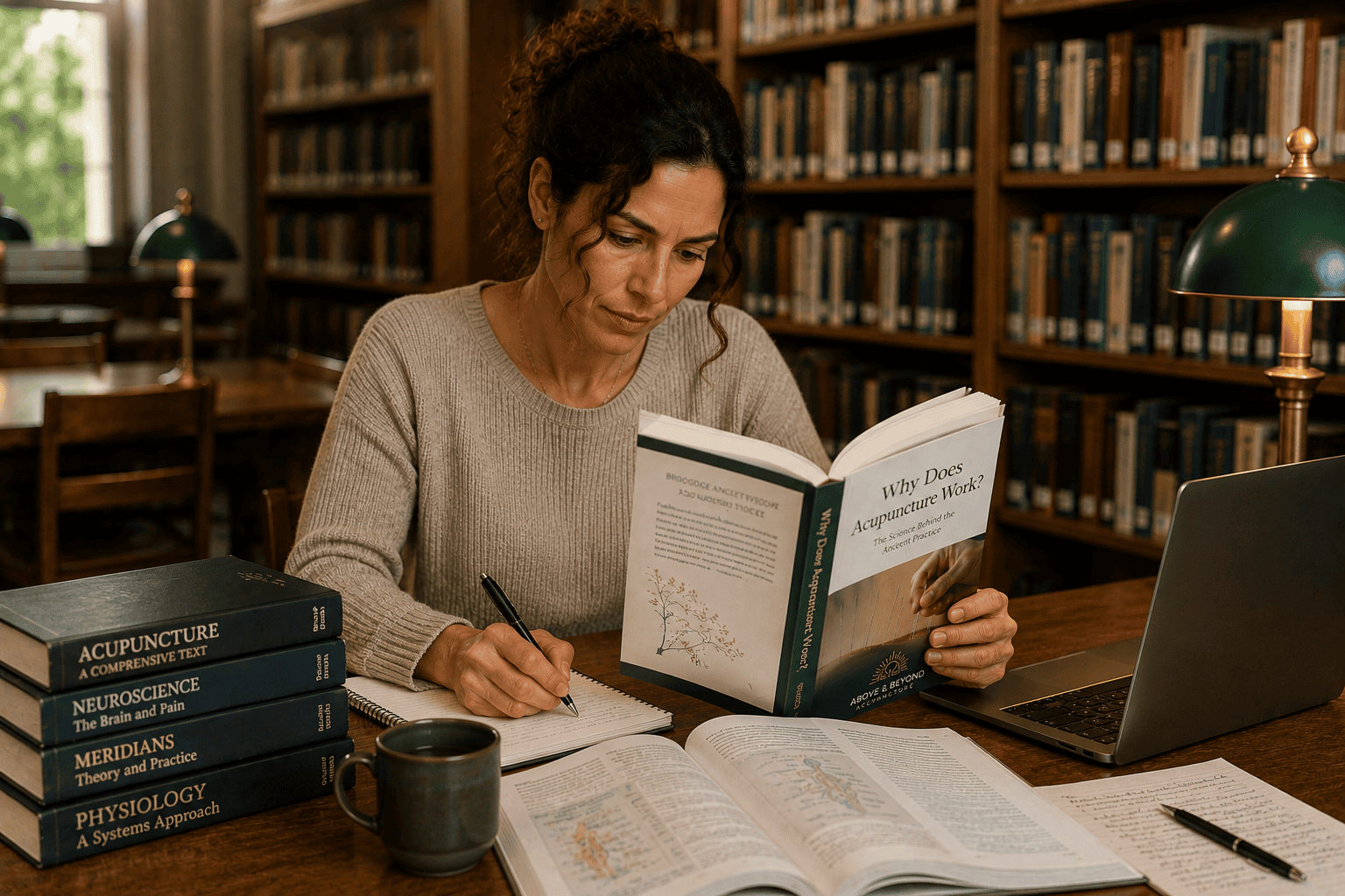 Woman studying acupuncture, neuroscience, and physiology books in a library while researching why acupuncture works.