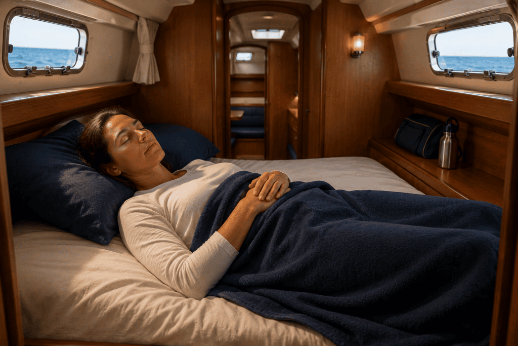 Person resting in a horizontal position in the center of a boat cabin to minimize sea sickness symptoms.