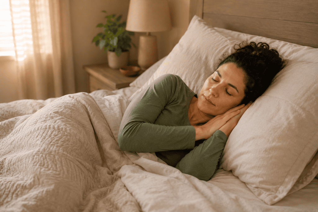 Woman sleeping peacefully in bed during the day while giving her body time to rest and recover.