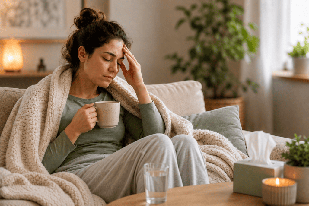 Woman resting on a couch under a blanket with a warm mug and glass of water while experiencing fatigue during a healing crisis.