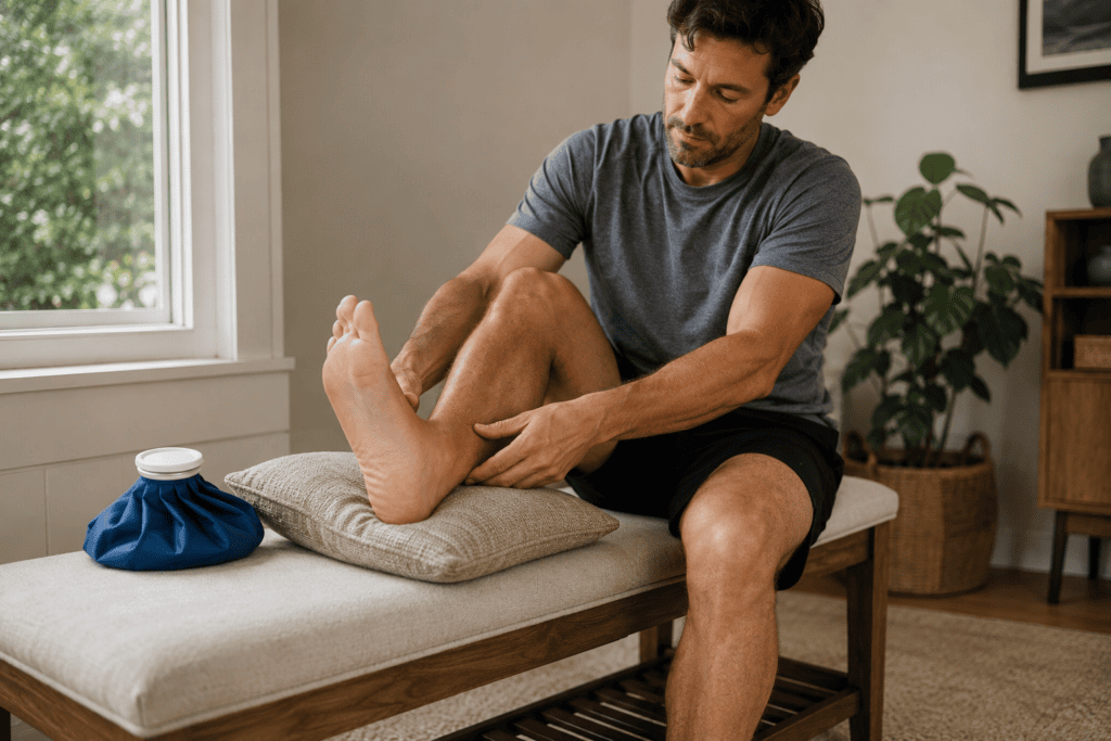 Man recovering from a minor ankle sprain with an unused ice pack beside him while gently moving the ankle.