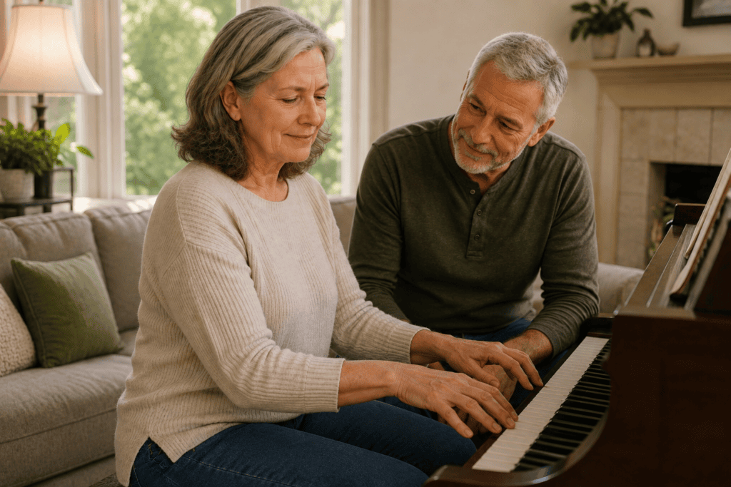 Older woman comfortably playing the piano at home while her husband watches after acupuncture treatment for arthritis pain.