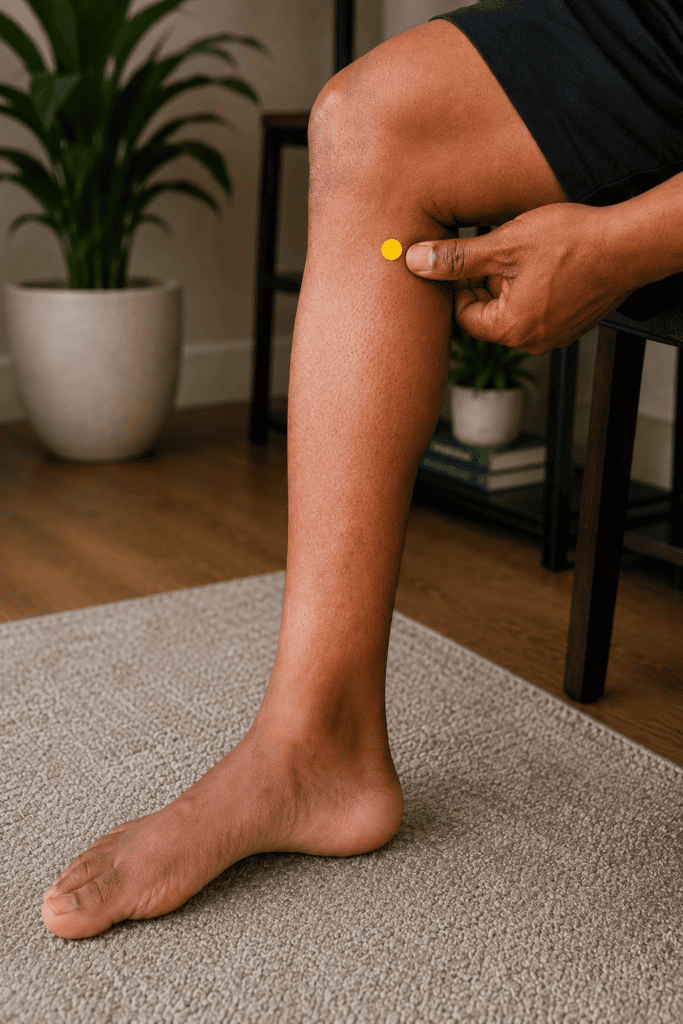 Close-up of an inner lower leg with a yellow dot marker in the depression just below the inner side of the knee where the shinbone curves, indicating the location of SP9.