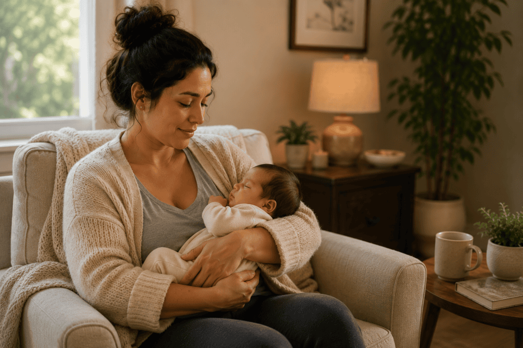 New mother cradling her newborn calmly, shoulders relaxed and expression peaceful and at ease.