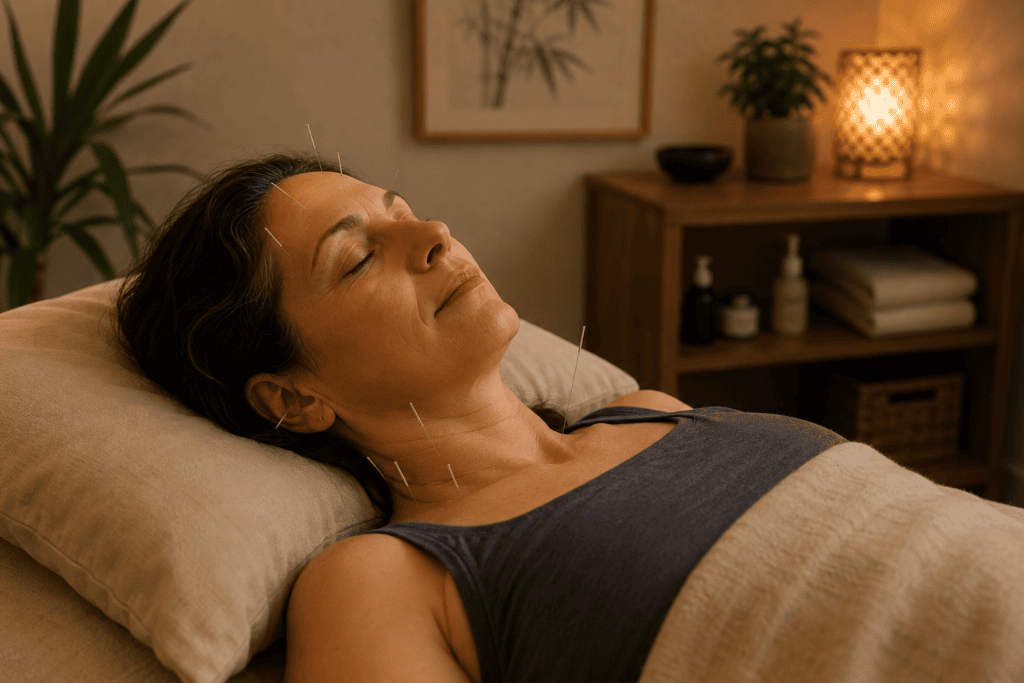 Person lying relaxed during an acupuncture treatment, eyes closed, calm and at rest.
