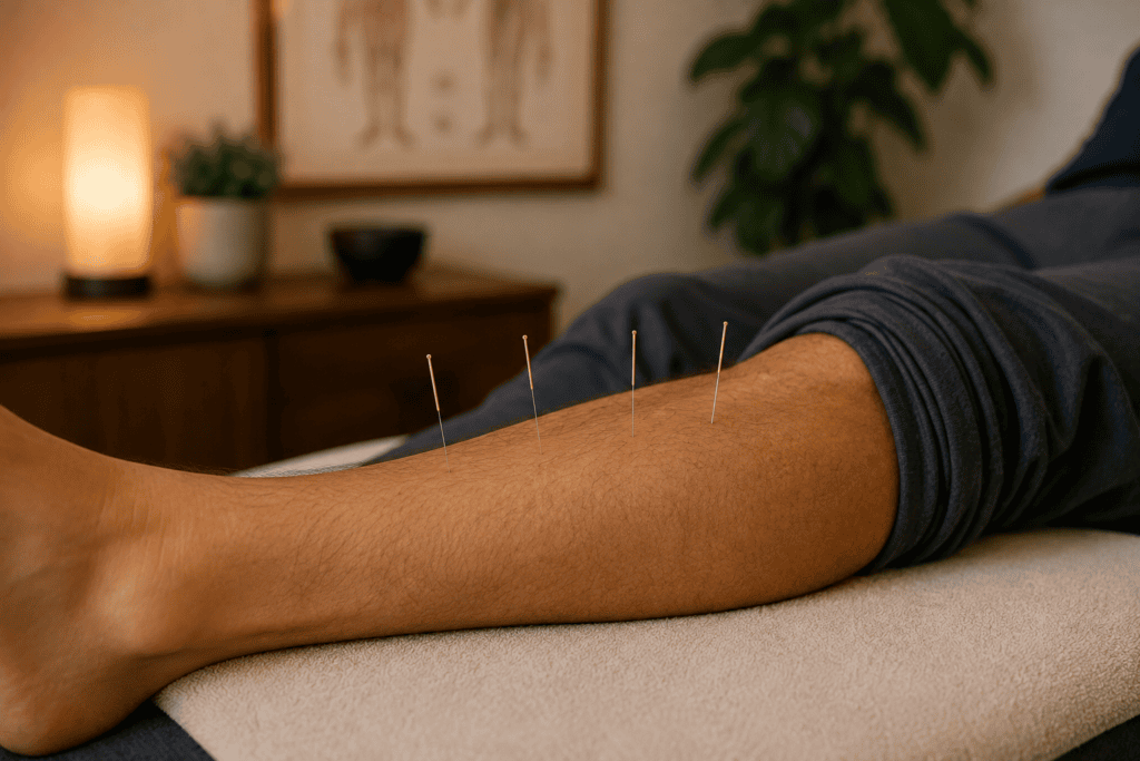 Close-up of acupuncture needles placed along the lower leg near the stomach channel during treatment.