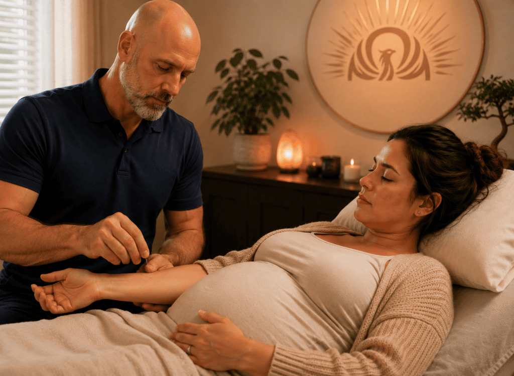 Licensed acupuncturist placing a fine needle at the PC6 point on a pregnant patient’s inner forearm to ease nausea.