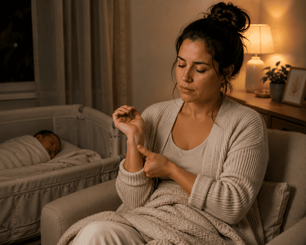 New mother awake at night gently pressing a calming point on her wrist while her baby sleeps nearby.