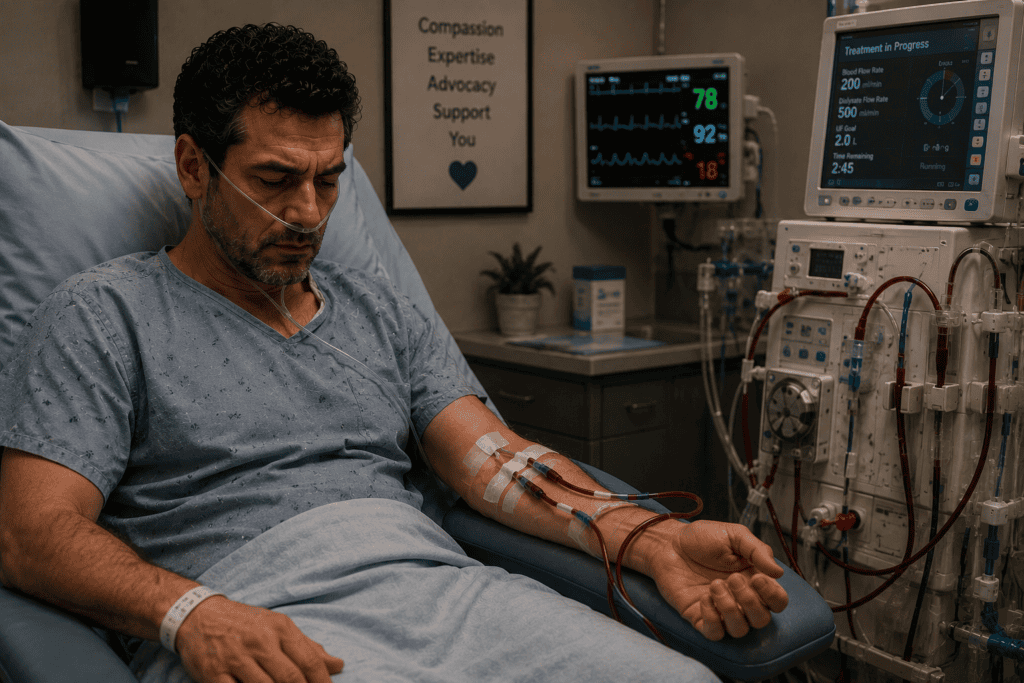 Patient with severe organ failure receiving medical management including dialysis or other necessary interventions.