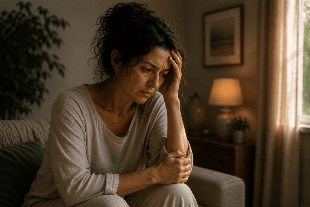 Woman sitting at home appearing unsettled and emotionally overwhelmed as she experiences the lingering effects of unresolved trauma.