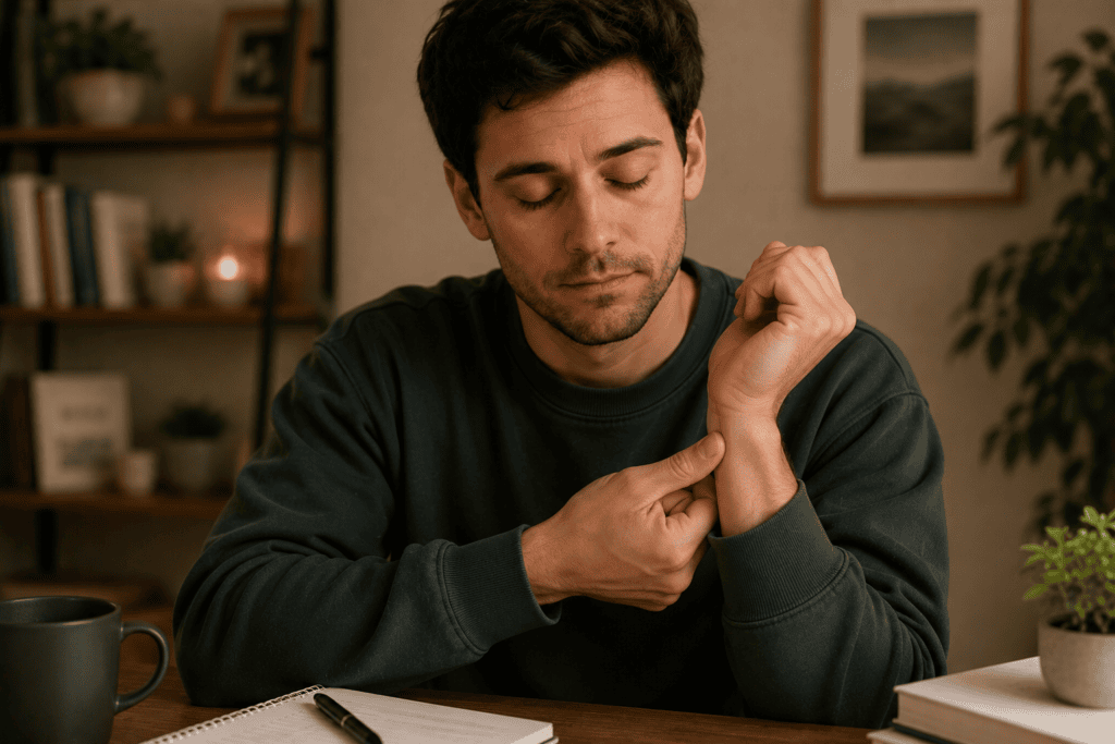 Person pressing an acupressure point with eyes closed, gathering themselves to start a task.