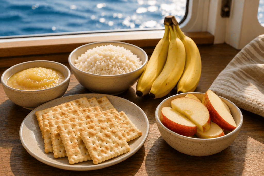 Crackers, plain bread, bananas, applesauce, and rice arranged as simple bland foods that help manage sea sickness.