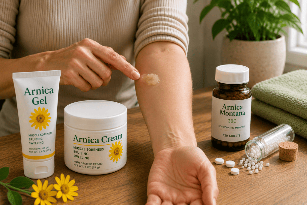 Person patch-testing a small amount of arnica gel on their inner forearm.