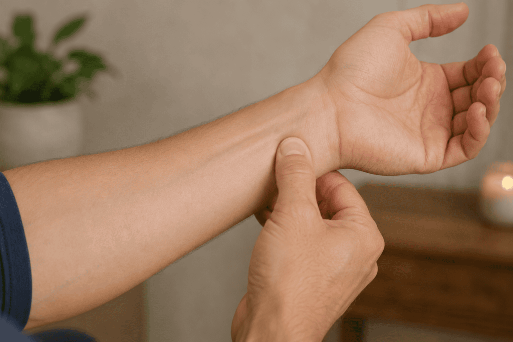 Close-up of a thumb pressing an acupressure point with steady, firm pressure.