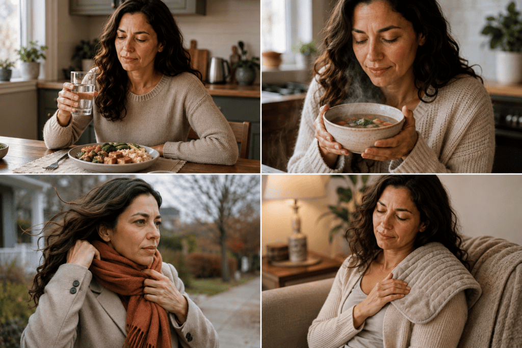 Four scenes showing room-temperature water, warm food, a scarf protecting the neck, and comfortable heat on a tense shoulder.