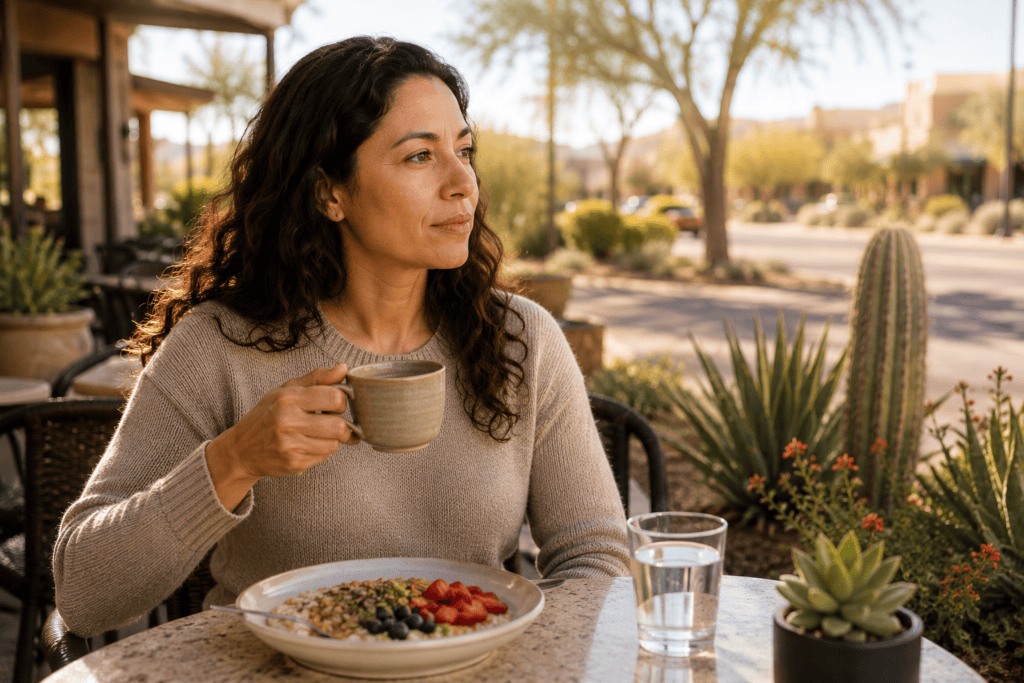 Woman enjoying breakfast with warm tea and room-temperature water at an outdoor Scottsdale café.