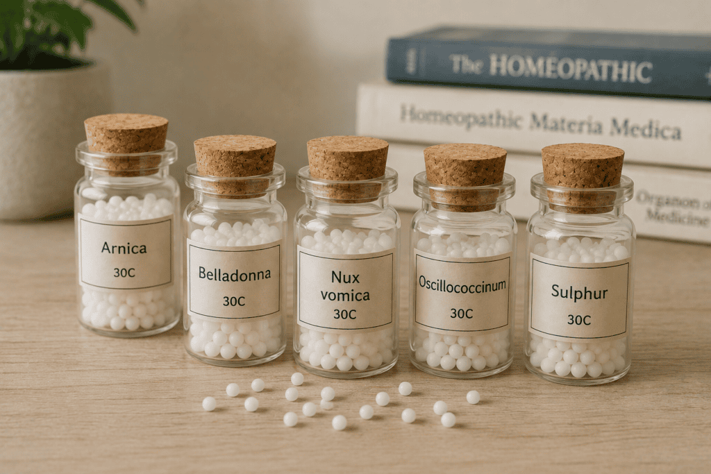 Small glass vials of homeopathic pellets arranged on a table, representing a category of alternative medicine with notably weak clinical evidence.