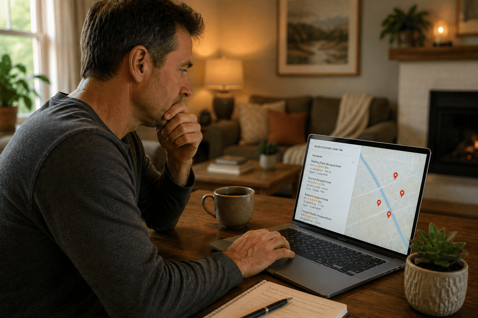 Person at home looking at a map of nearby acupuncture clinics on a phone or laptop while deciding which one to choose.