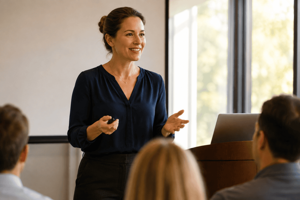 Person speaking calmly and confidently to a room after settling their nerves.