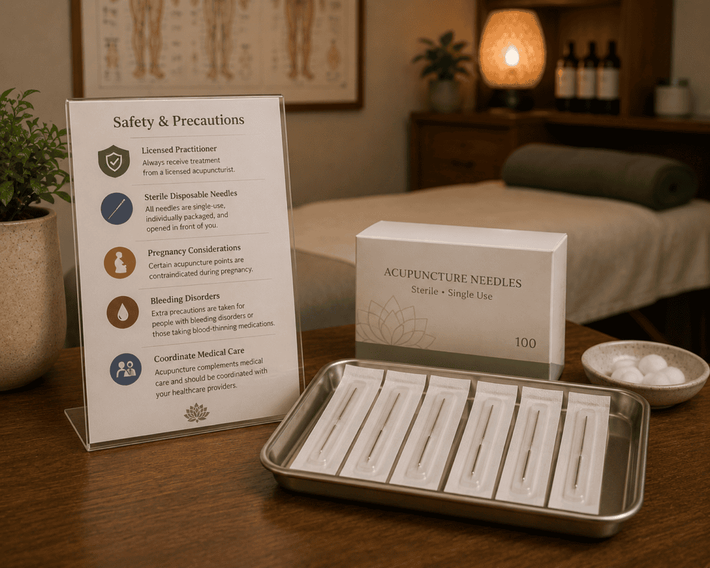 Sterile single-use disposable acupuncture needles in packaging ready for a treatment session.