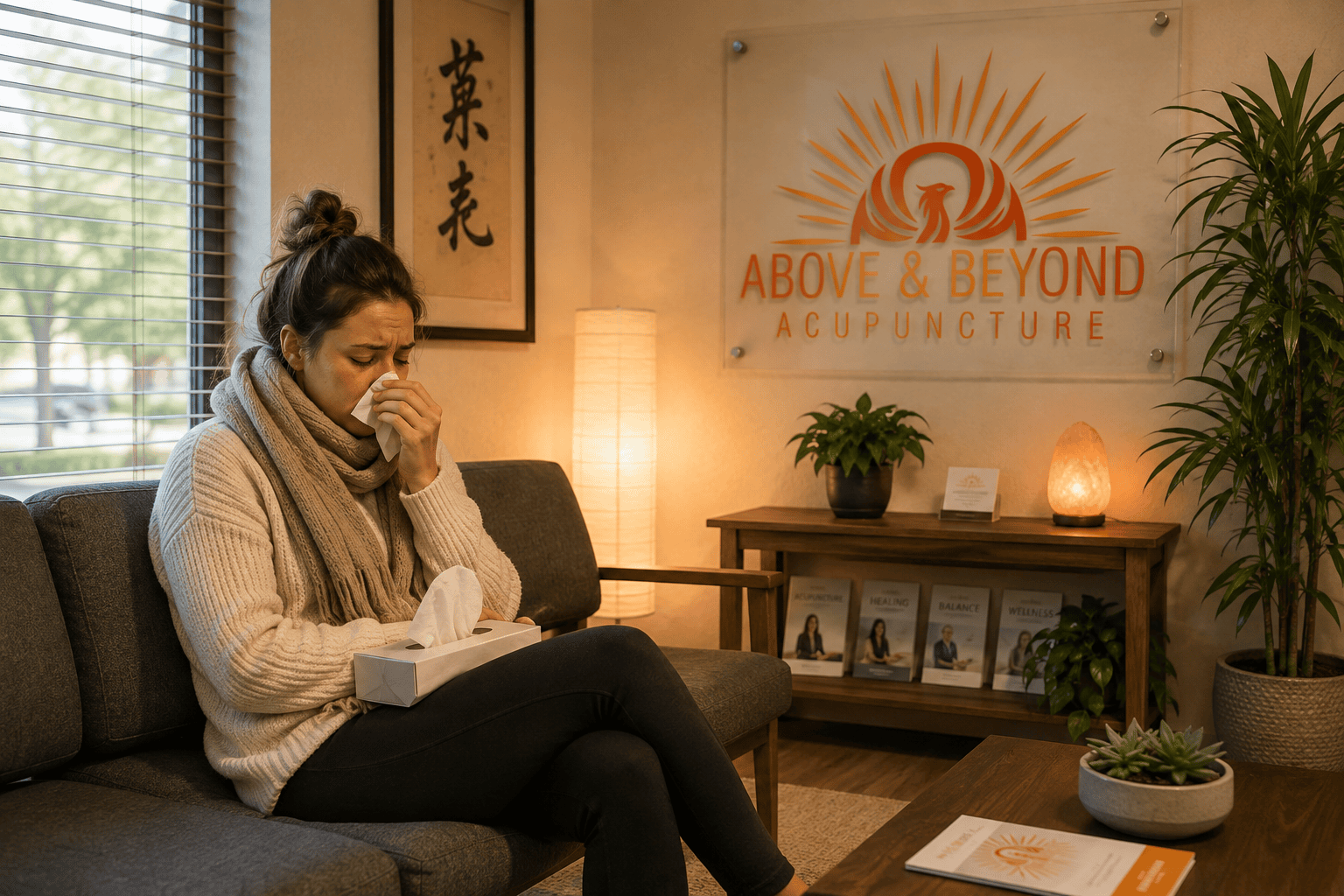 Sick woman waiting for her appointment at Above and Beyond Acupuncture while holding a tissue.
