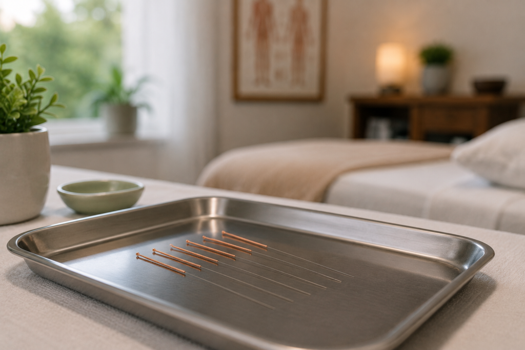 Fine acupuncture needles resting on a clean clinical tray in a bright treatment room.