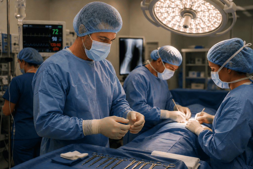 Surgeon and medical team preparing for surgical intervention on a structural condition that acupuncture cannot replace.