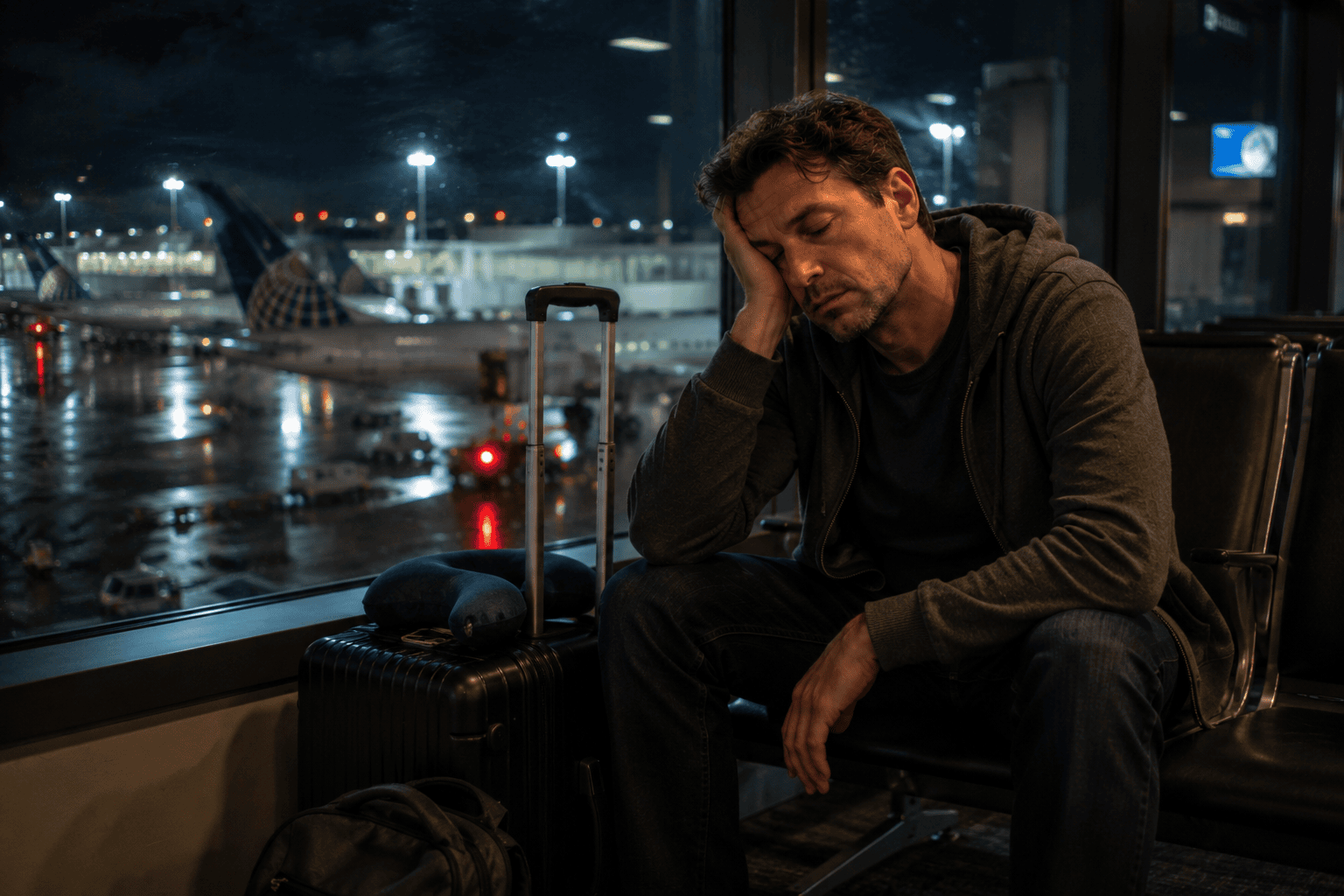 Exhausted traveler sitting beside his luggage at an airport window at night with airplanes visible on the tarmac.