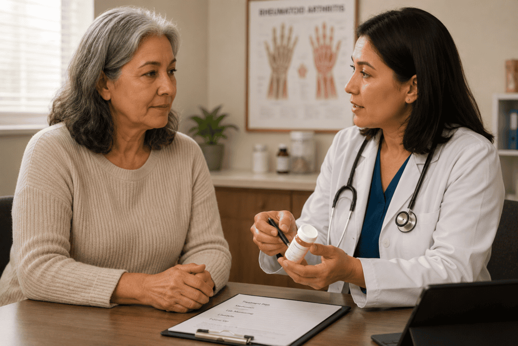 Patient with rheumatoid arthritis reviewing medication with a physician, representing medical management of autoimmune arthritis.