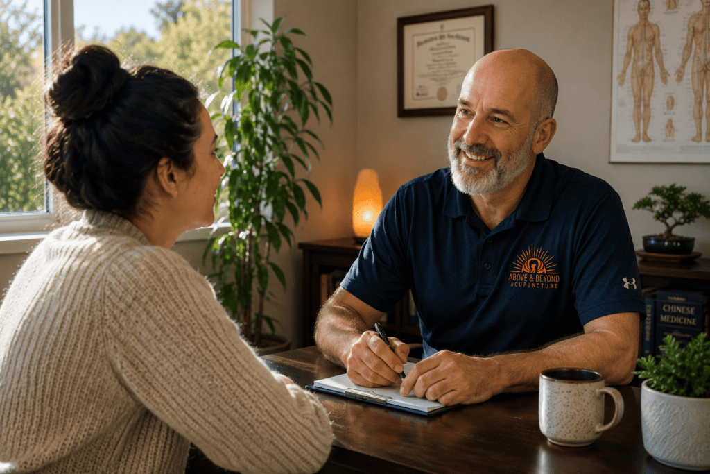 Person talking warmly with a healthcare provider in a bright, reassuring office.