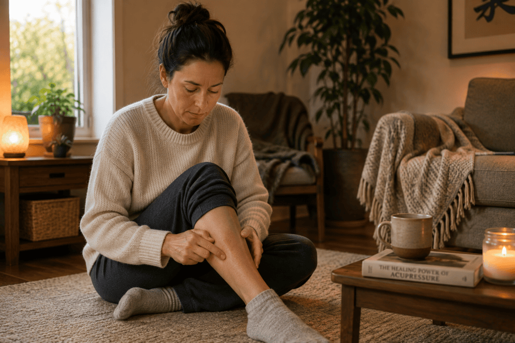Person at home pressing an acupressure point on their lower leg to support their immune system during cold season.