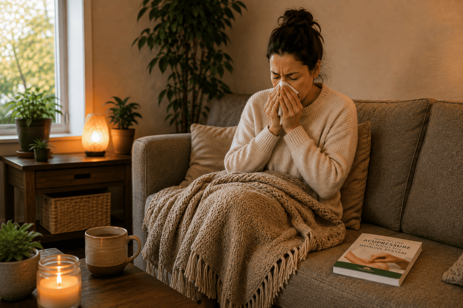 Woman with a cold resting on her couch beside a book about using acupressure to boost the immune system.