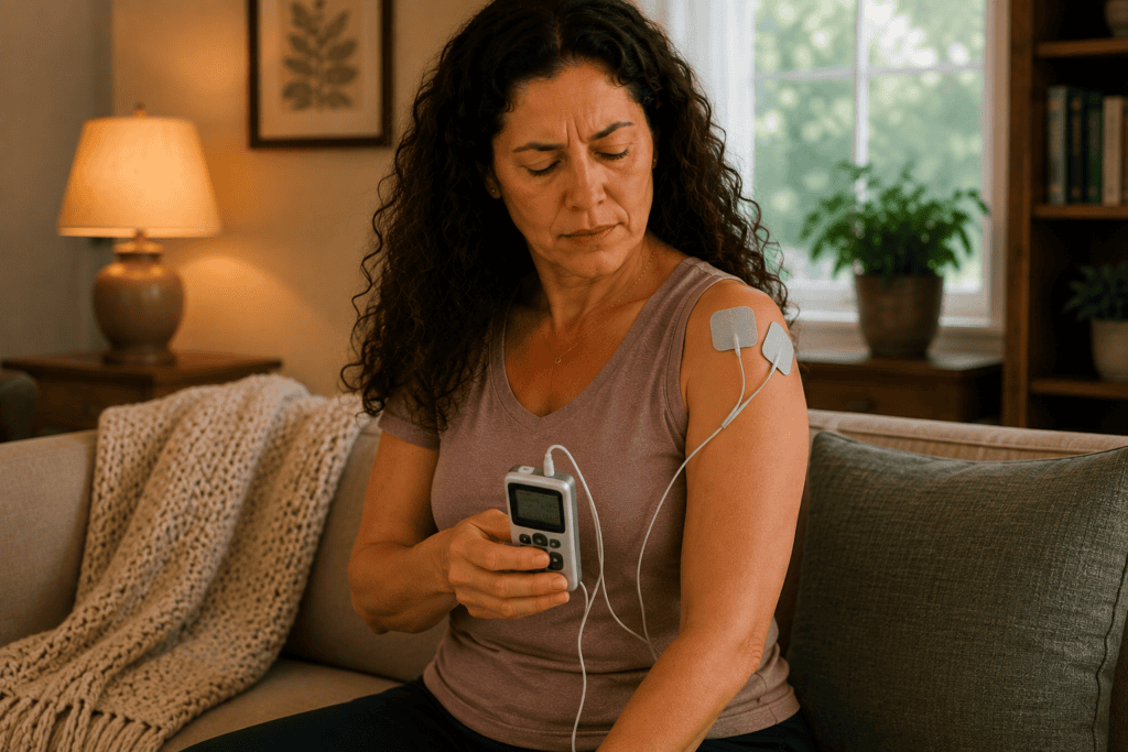 TENS unit pads placed on a person’s shoulder area to ease frozen shoulder pain.