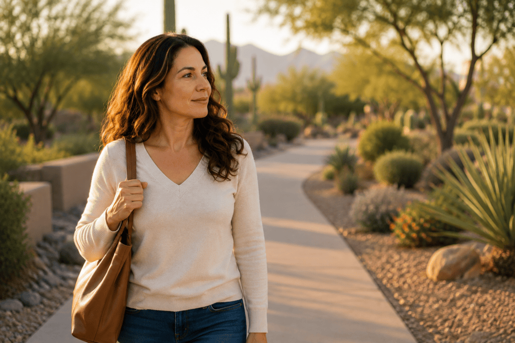 Woman walking peacefully after a holistic health appointment in Scottsdale, Arizona.