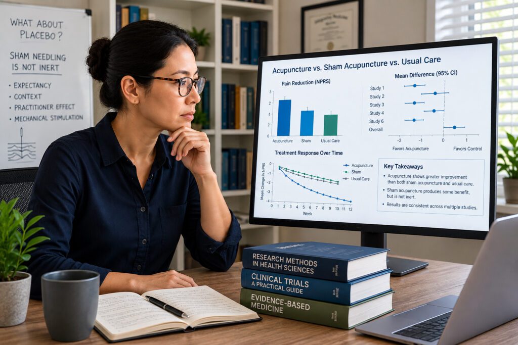 Researcher reviewing acupuncture study data while weighing the placebo question honestly.