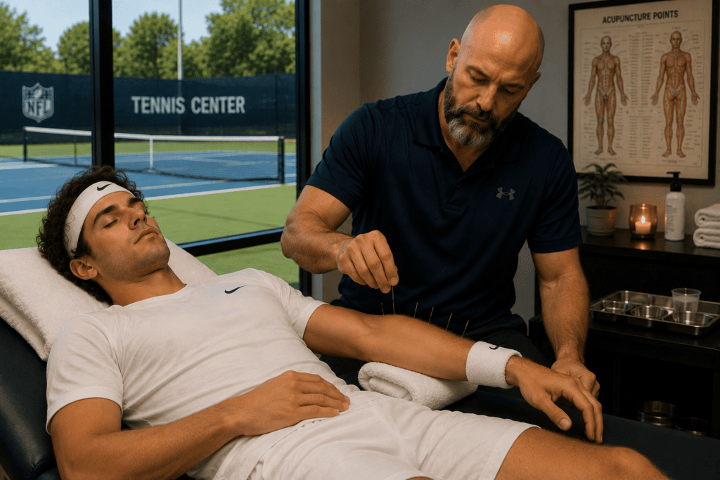 Generic professional tennis player receiving Traditional Chinese Medicine treatment including acupuncture or ear seeds for tour recovery.