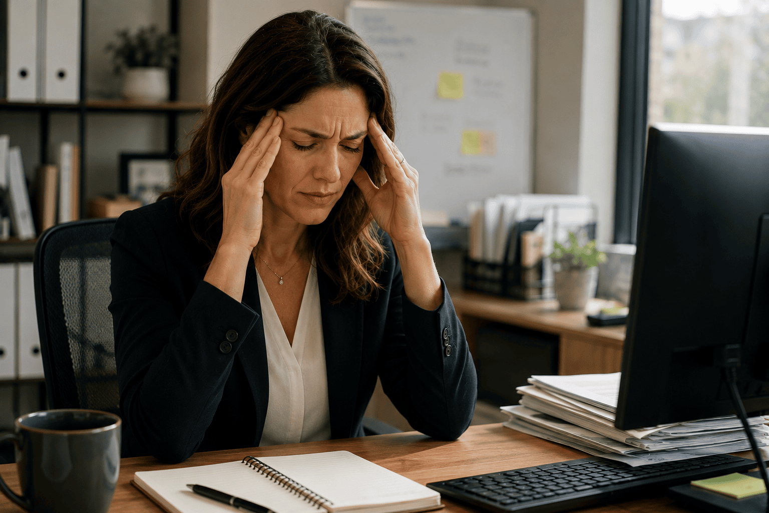 Woman at her office desk pressing both temples while experiencing a tension headache at work.