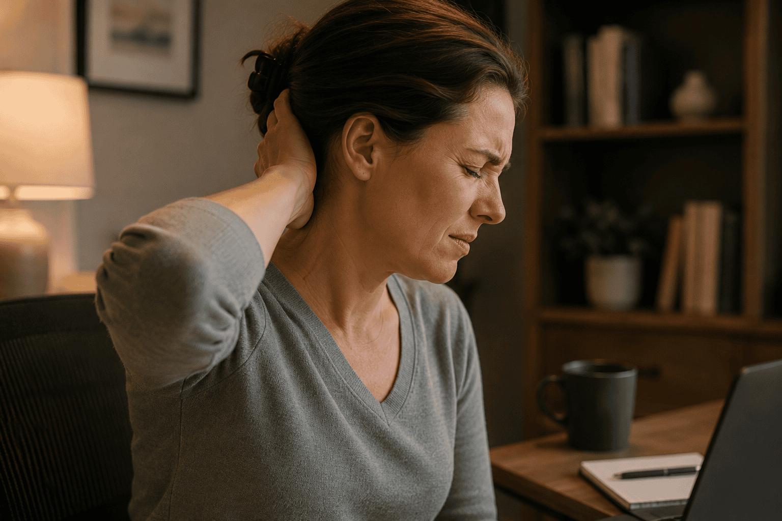 Person holding the base of their skull with a pained expression from an occipital headache.