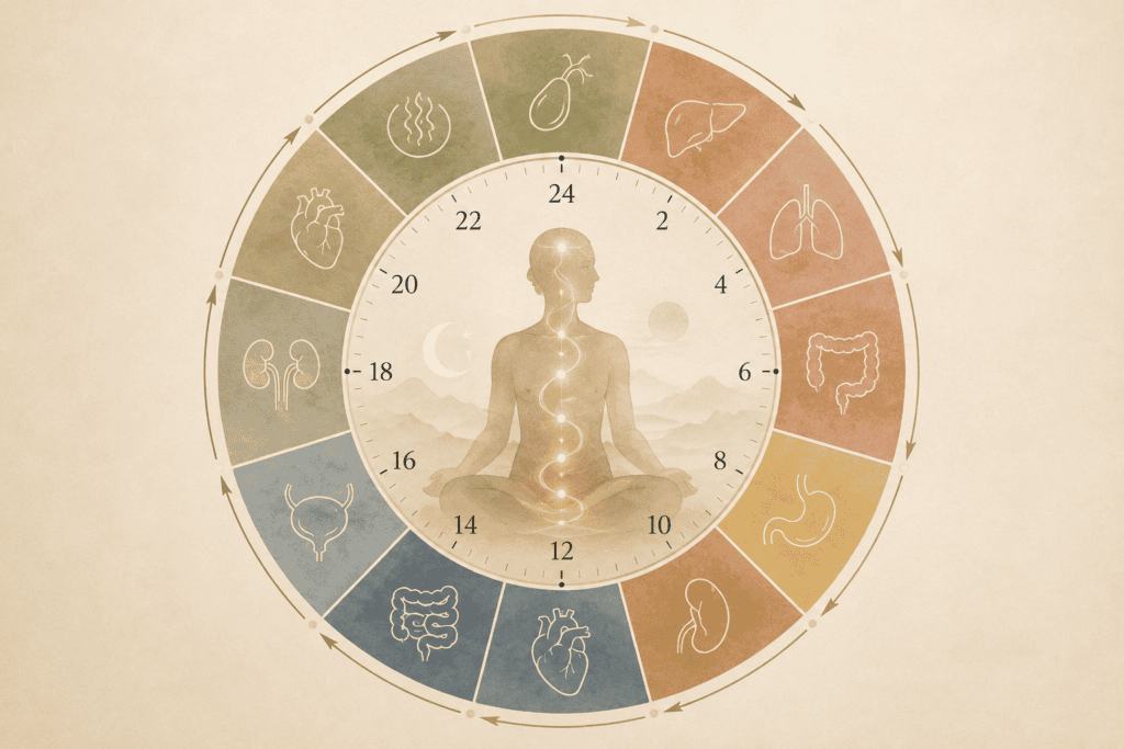 Circular twenty-four-hour clock illustration suggesting the daily cycle of Qi through the body.